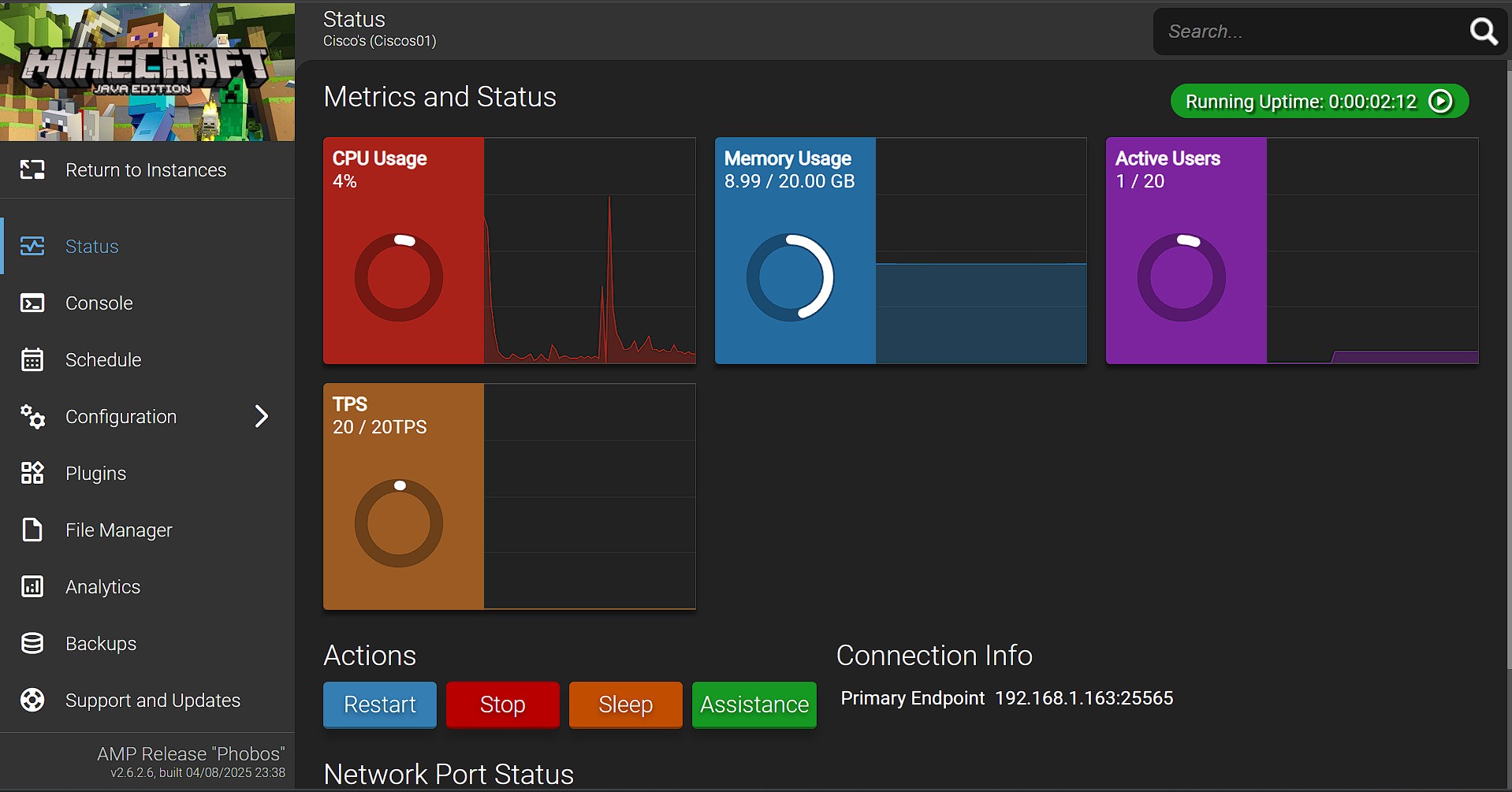 Minecraft server dashboard